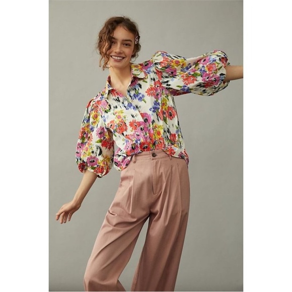 Maeve Tops - Maeve Multicolor Floral Button-Down Shirt (White Base)